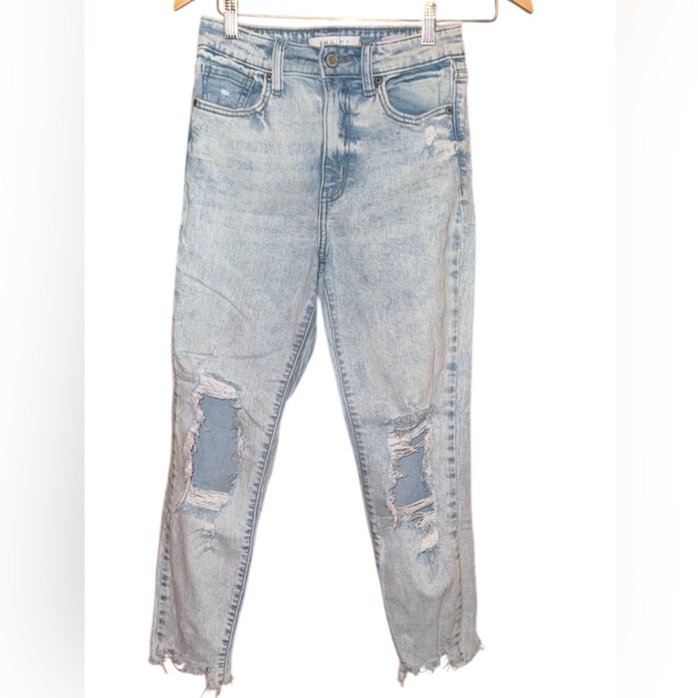 •EUNINA•LIGHT ACID WASH TOBI DENIM SUPER HI-RISE RAW EDGE SKINNY CROP MOM JEAN 3